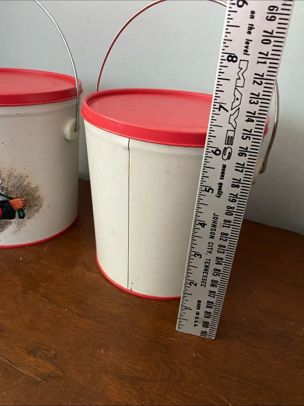 Vintage Santa Claus Christmas Treat Buckets pair of tin pails with red lids